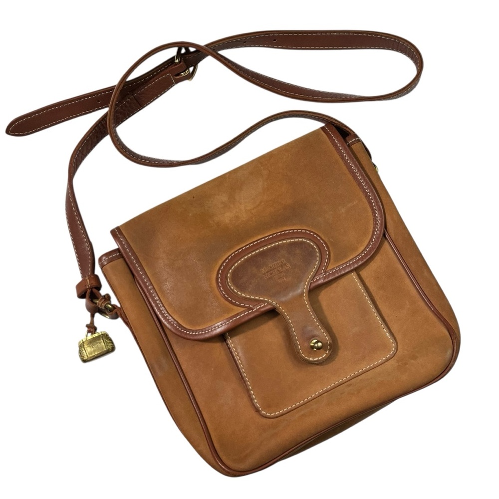 McGuire Nicholas Leather Suede Lined Crossbody Purse Flap Close Gold Hardware